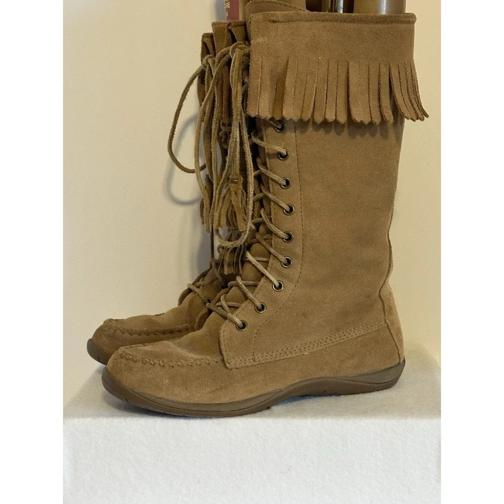 L L Bean Suede Leather Tan Tassel Fringe Sheepskin Lined Winter Boots Size 7‎ M